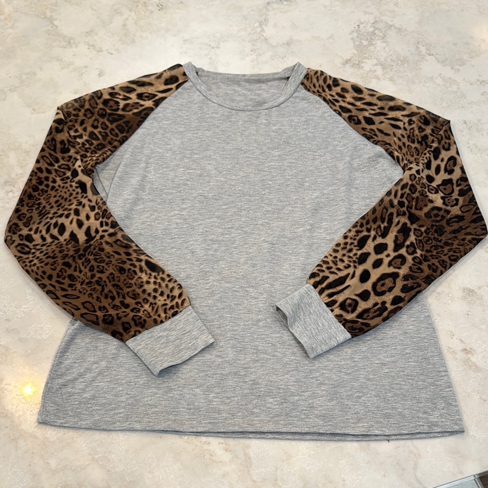 Gray and Leopard Print Long Sleeve Top